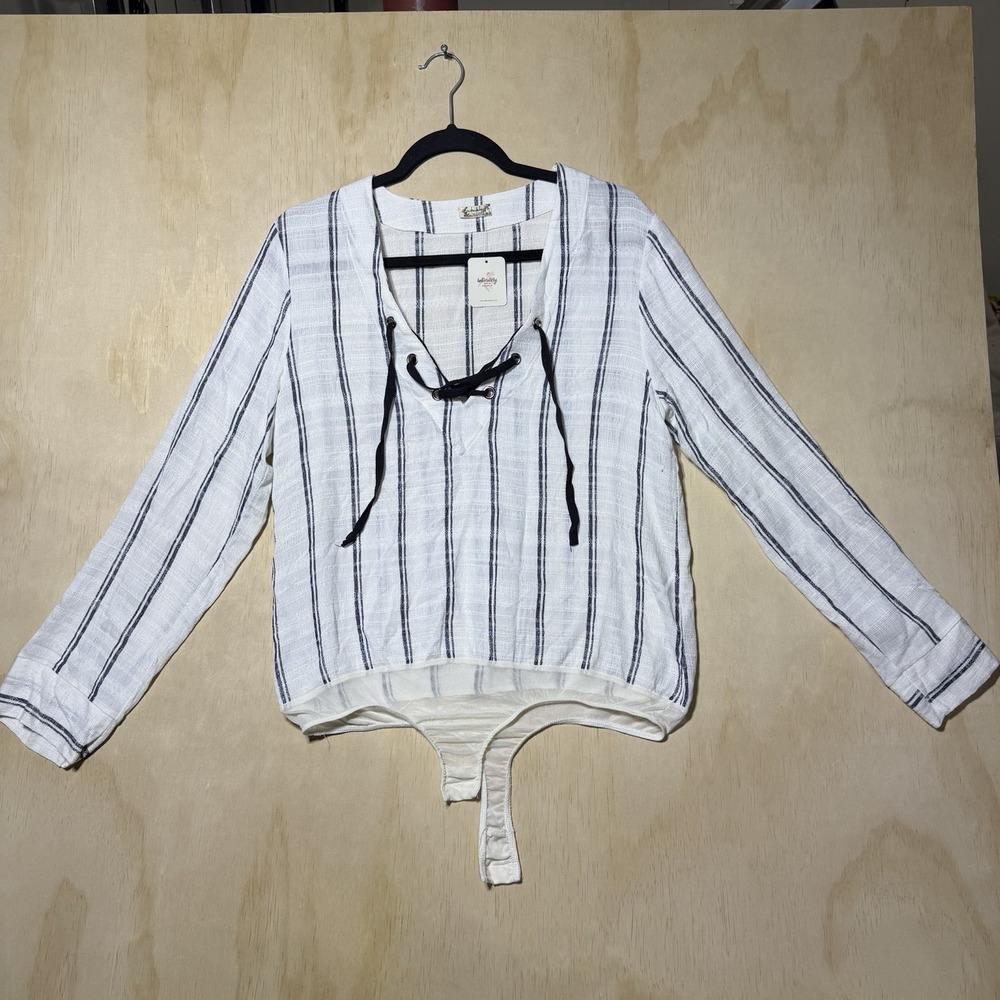 Free People Intimately Bodysuit Top Medium NWT‎ Lace Up Striped Boho Linen Blend
